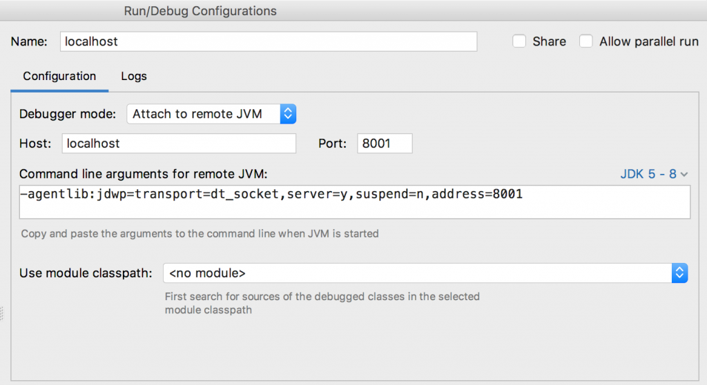 Intellij Idea jvm debug configuration screen